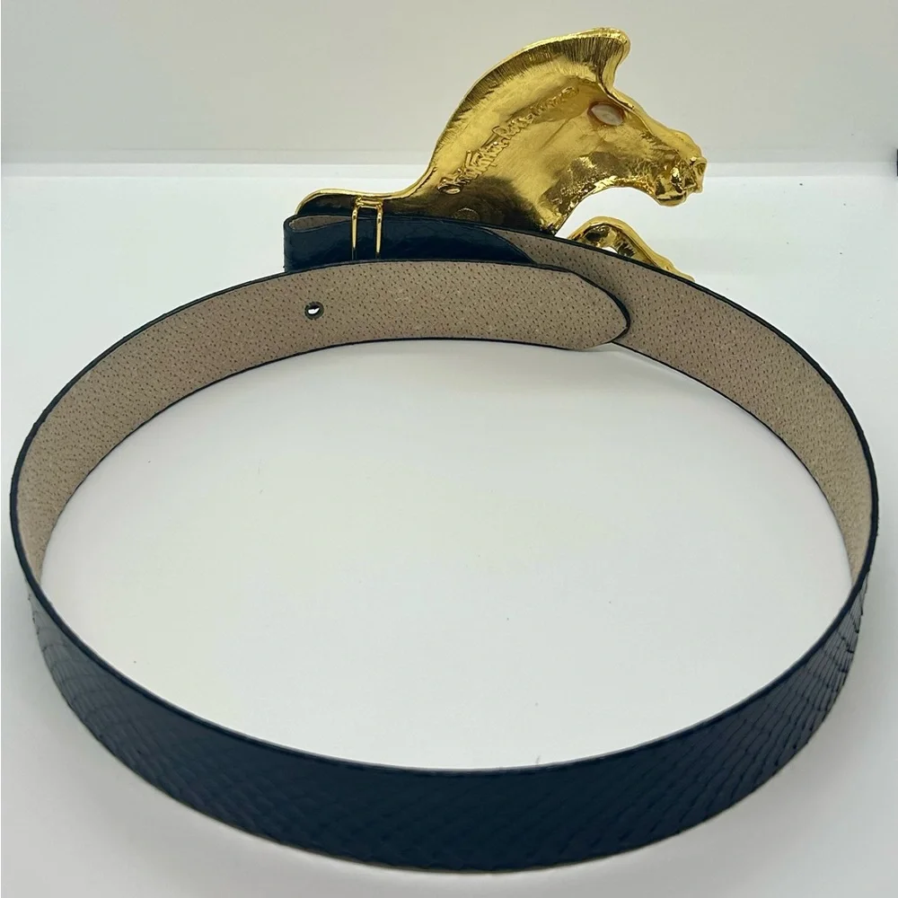 Christopher Ross Vintage Signed 24K Gold Plated Zebra Navy Blue Snakeskin Belt